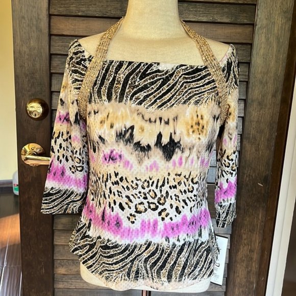 HP Joseph Ribkoff Animal Print Top with Pink Accents - Picture 1 of 10
